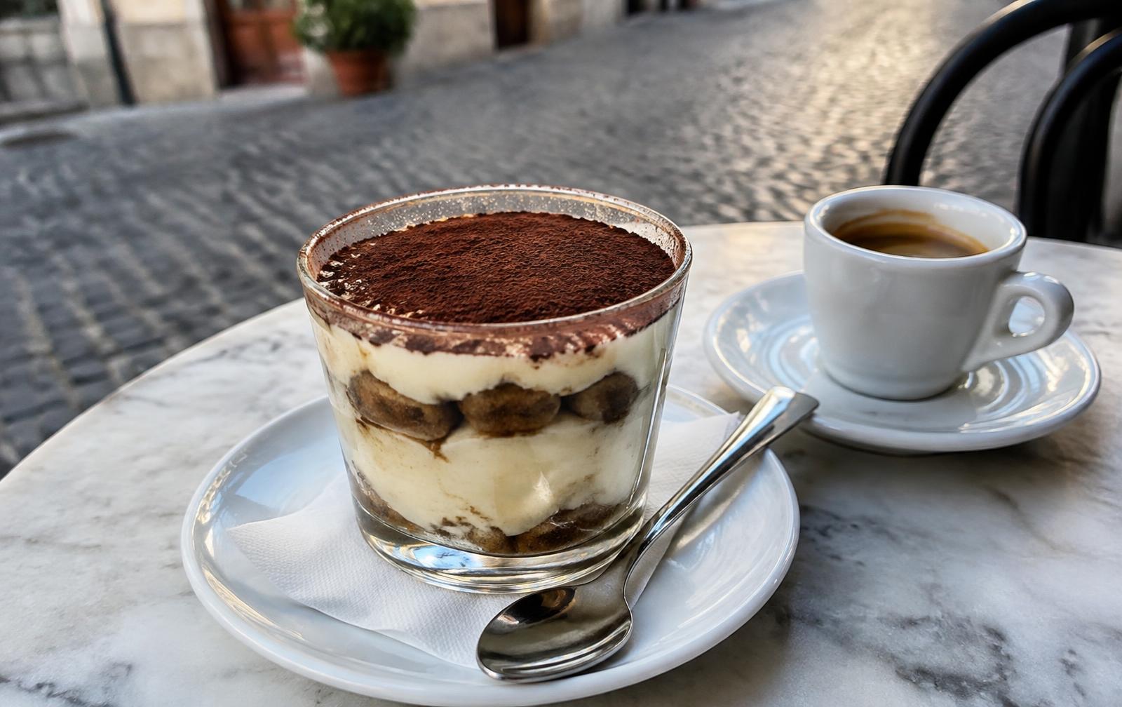 A glass of tiramisu with an espresso on a marble café table on a Rome street